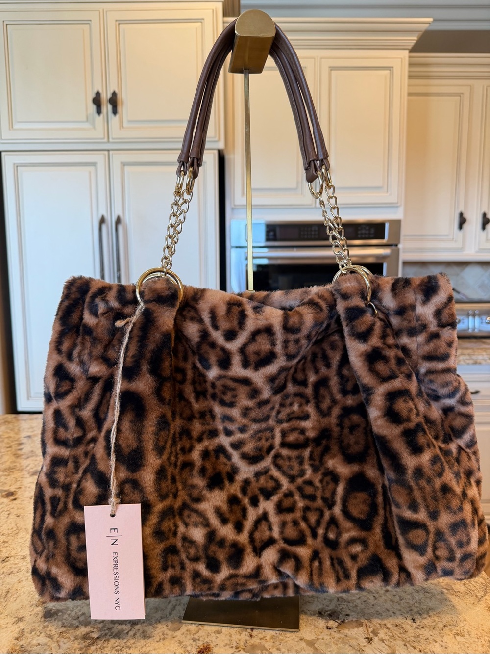Expressions NYC Faux Fur Leopard-Print Bag in Brown